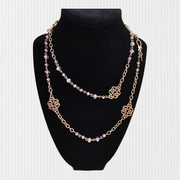 Marlyn Schiff Gold Necklace with Pink stones accents NWOT Boho‎ 36" - Picture 1 of 7